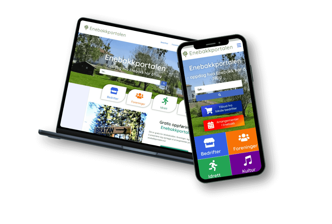 Skjermbilde av Enebakkportalen som viser hvordan lokale foreninger, idrettslag og bedrifter kan presentere sine aktiviteter, arrangementer og tilbud for økt synlighet i lokalsamfunnet.